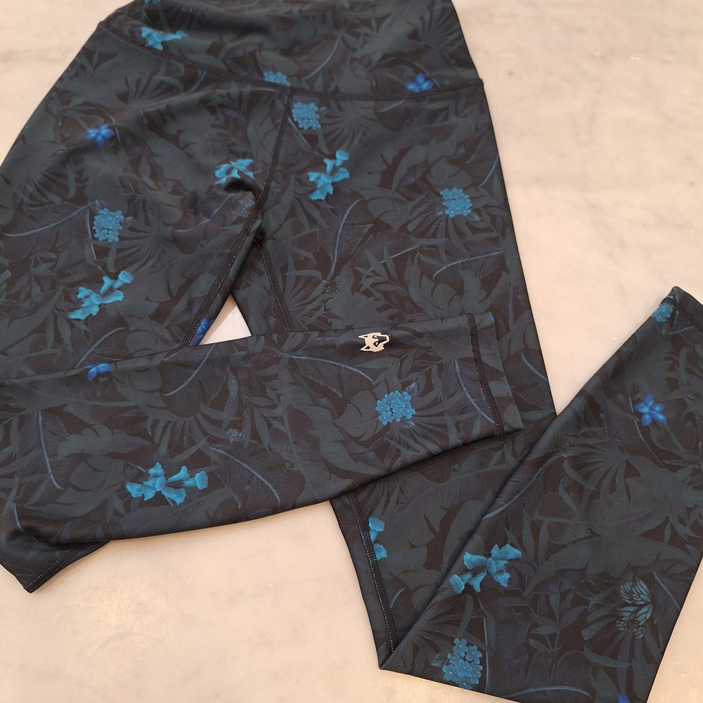 Greyson Leggings Sz Sm Blue Teal Tropical Floral High Rise Yoga Walking Athletic